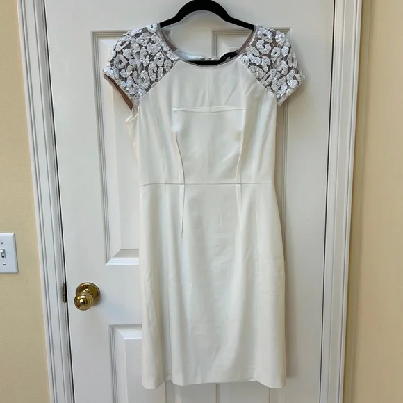 bcbg ivory dress BCBGMAXAZRIA Feathered Evening Dress in Off White